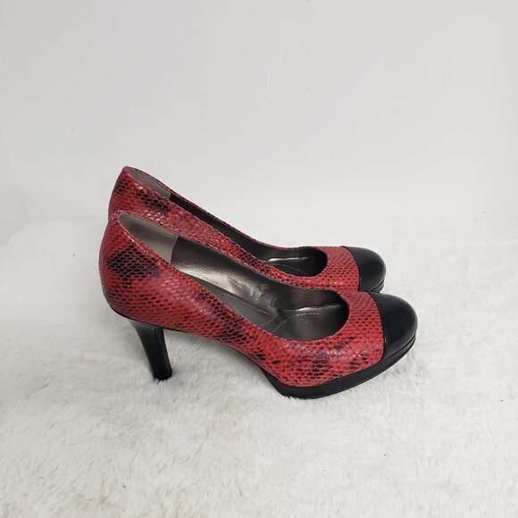 Tahari Laura Pumps Stiletto Red Snakeskin Black Patent Leather Pinup Vamp 7 - Picture 5 of 15